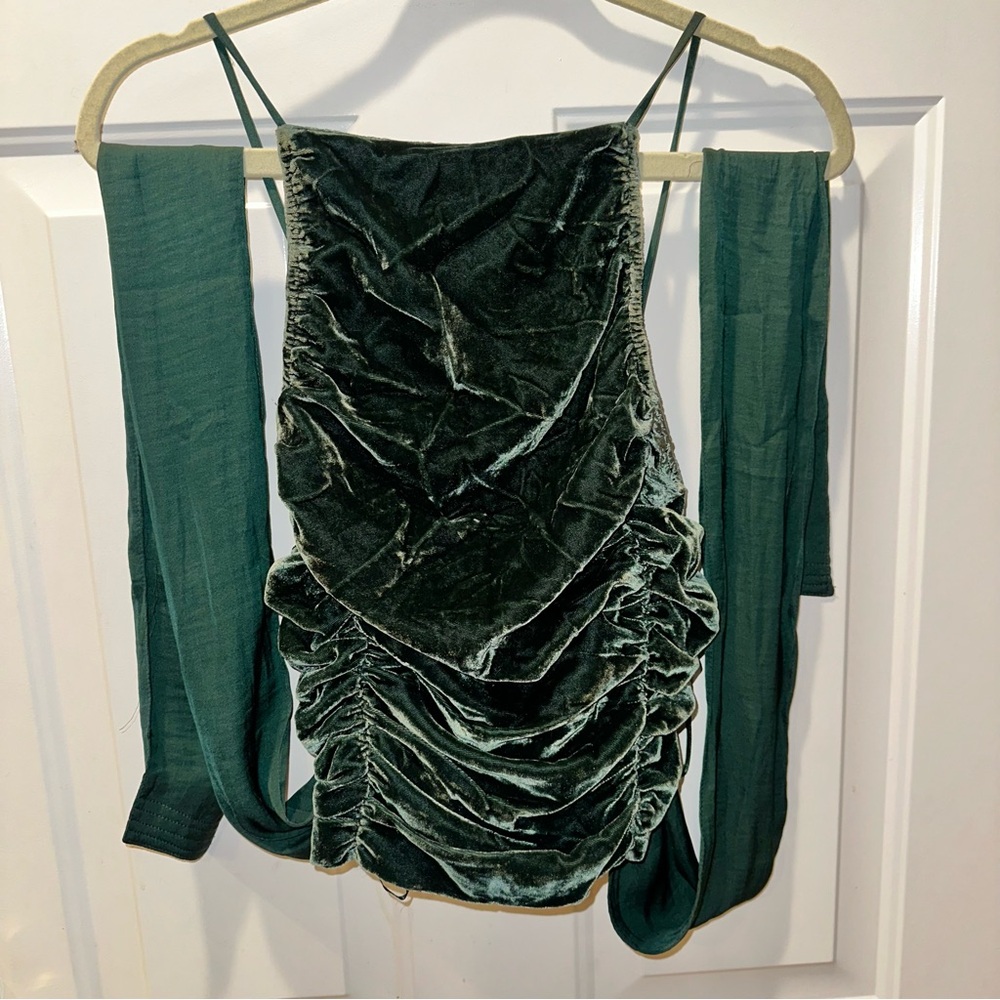 Free People - NWT - Green Velvet Top - Silk Tie Back - Size S